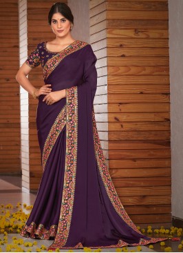 Purple Color Embroidered Satin Silk Saree