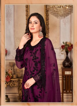 Purple Color Embroidered Work Net Semi Stitched Suit
