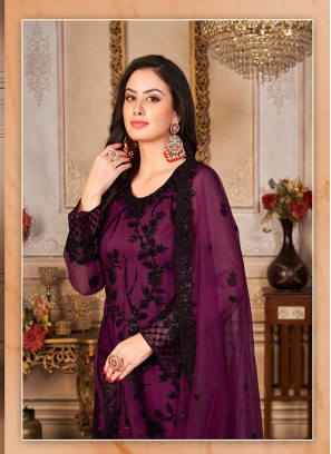 Purple Color Embroidered Work Net Semi Stitched Suit