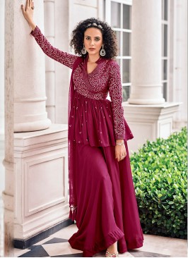Purple Color Georgette Embroidered Fancy Sharara Suit