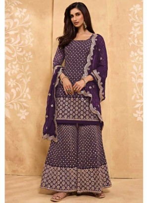 Purple Color Georgette Embroidered Sharara Dress