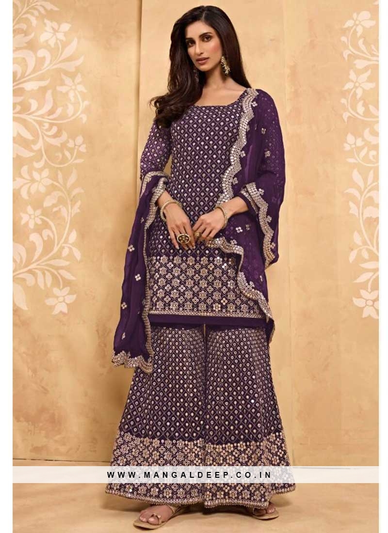 Purple Color Georgette Embroidered Sharara Dress