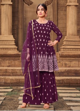 Purple Color Georgette Embroidered Sharara Dress