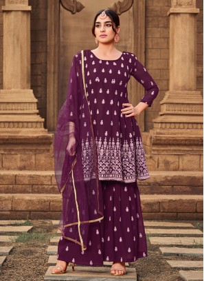 Purple Color Georgette Embroidered Sharara Dress