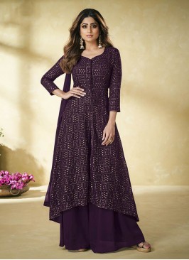 Purple Color Georgette Sequins Embroidered Plazzo Suit