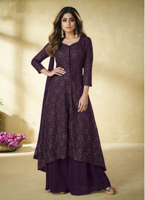 Purple Color Georgette Sequins Embroidered Plazzo Suit