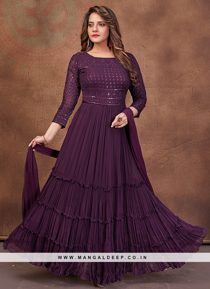 Amazing Purple Party Wear Thread Worked Faux Georgette Anarkali Suit