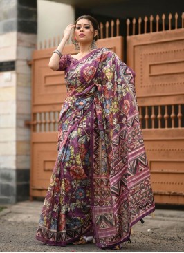 Purple Color Linen Kalamkari Printed Saree