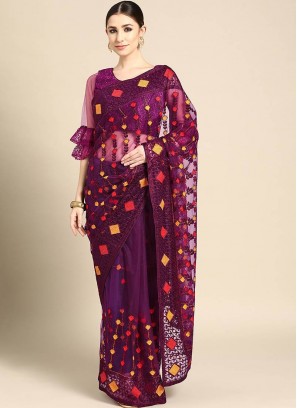 Purple Color Net Embroidered Party Wear Saree