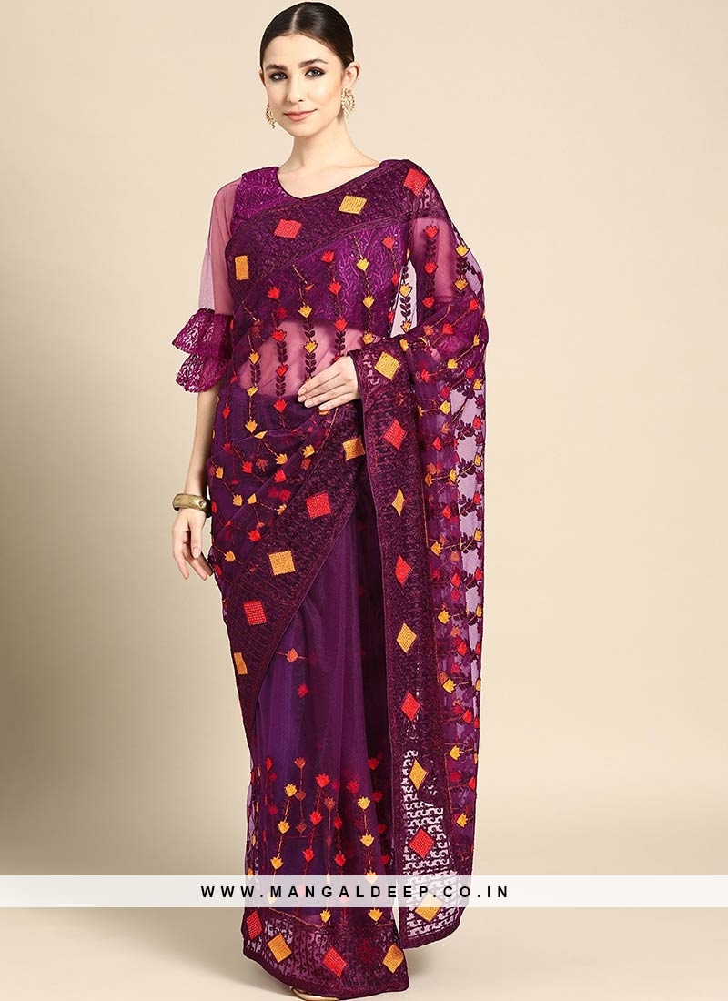 Purple Color Net Embroidered Party Wear Saree