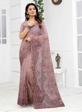 Purple Color Net Embroidered Saree