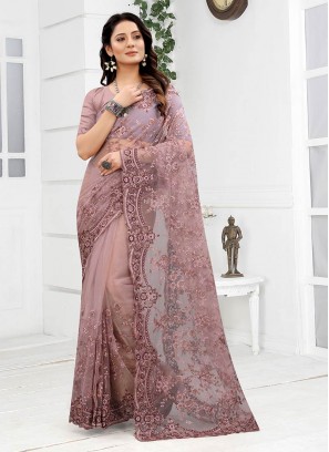 Purple Color Net Embroidered Saree