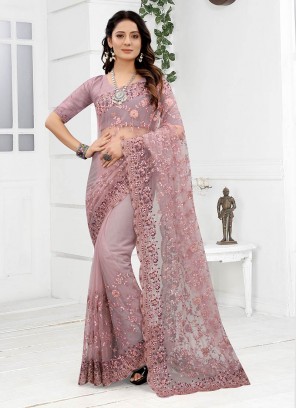 Purple Color Net Embroidered Saree