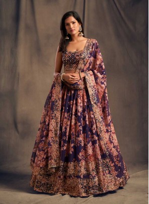 Purple Color Printed Party Wear Lehenga