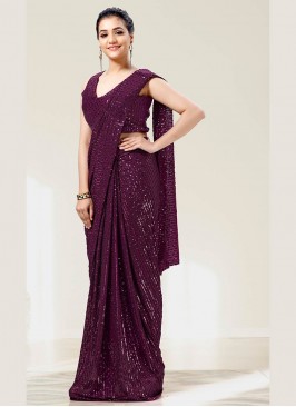 Purple Color Sequins Work Saree With Readymade Blouse
