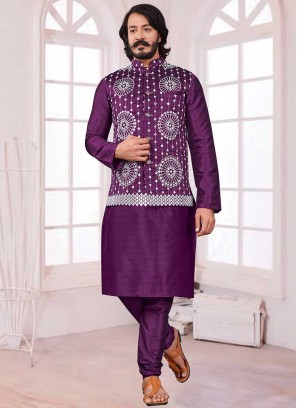 Purple Color Silk Mirror Work Kurta With Jacket