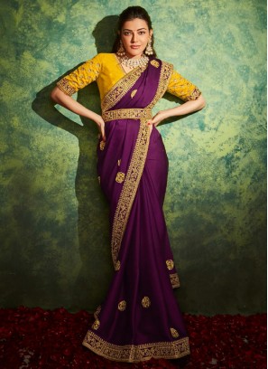 Purple Color Silk Wedding Wear Saree