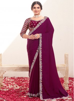 Purple Crepe Silk Sangeet Designer Saree
