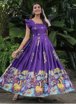 Purple Digital Print Silk Gown 