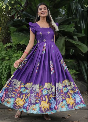Purple Digital Print Silk Gown 