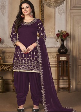 Purple Embroidered Art Silk Semi Stitched Suit