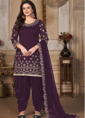 Purple Embroidered Art Silk Semi Stitched Suit