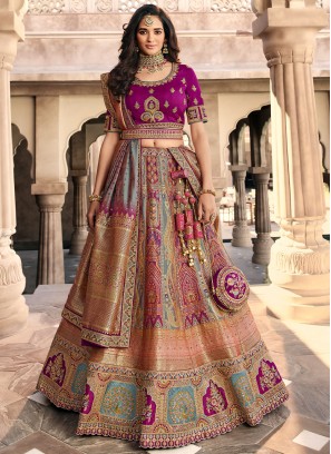 Purple Embroidered Banarasi Silk Lehenga Choli