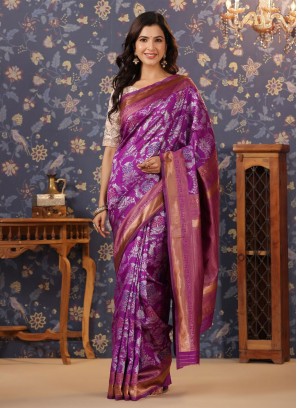 Purple Embroidered Banarasi Silk Trendy Saree