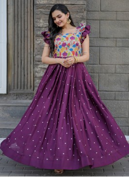 Purple Embroidered Ceremonial Readymade Gown