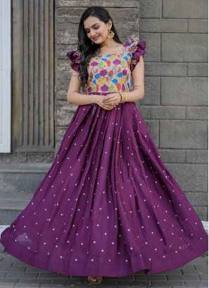 Purple Embroidered Ceremonial Readymade Gown