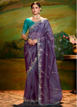 Purple Embroidered Classic Saree