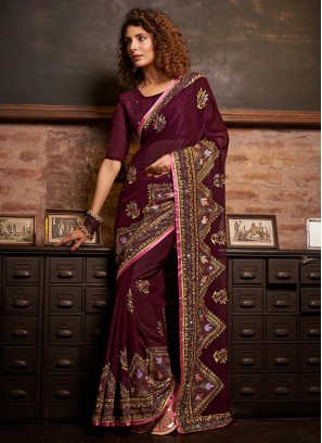 Purple Embroidered Festival Classic Saree