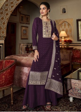Purple Embroidered Georgette Palazzo Salwar Suit