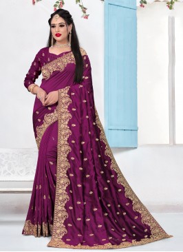 Purple Embroidered Silk Contemporary Saree