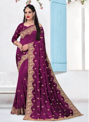 Purple Embroidered Silk Contemporary Saree