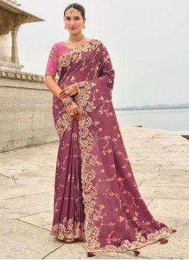 Purple Embroidered Silk Designer Saree