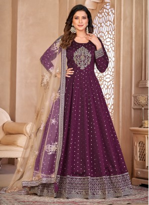 Purple Embroidered Tafeta Silk Floor Length Anarkali Suit