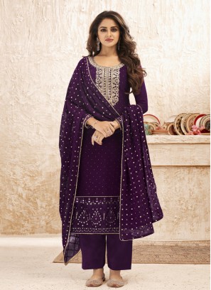 Purple Faux Georgette Designer Straight Suit