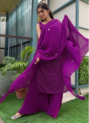 Purple Faux Georgette Embroidered Designer Palazzo Salwar Kameez