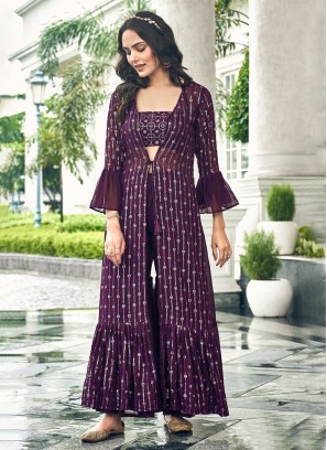 Purple Faux Georgette Embroidered Readymade Salwar Kameez