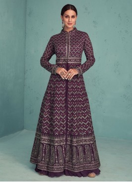 Purple Georgette Embroidered A Line Lehenga Choli