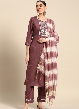 Purple Poly Cotton Embroidered Kurta with Trouser & Dupatta