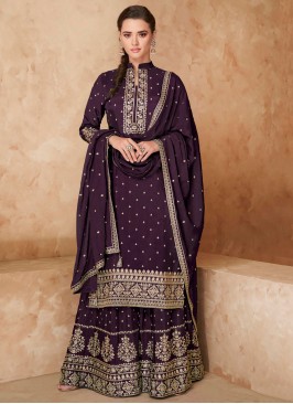 Purple Resham Faux Georgette Designer Palazzo Suit