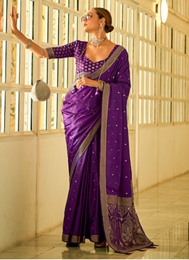 Purple Satin Silk Mehndi Trendy Saree