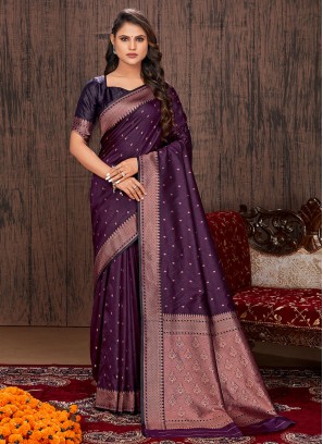 Purple Satin Silk Woven Classic Saree