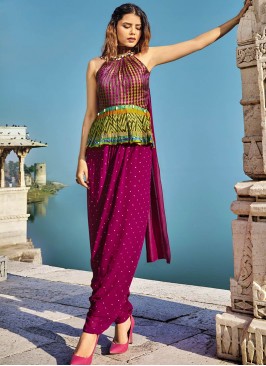 Purple Silk Geometric Top With Dhoti Pants