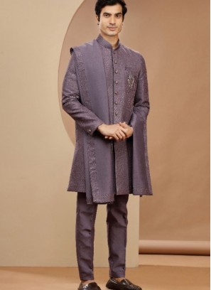 Purple Silk Indowestern Suit With Dupatta