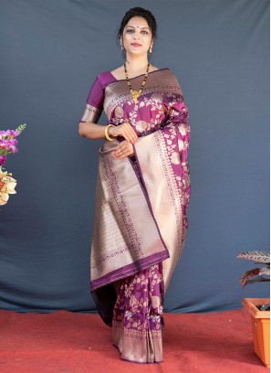 Purple Weaving Banarasi Silk Contemporary Saree
