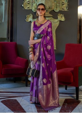 Purple Wedding Satin Contemporary Style Saree