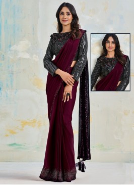 Purple Wedding Satin Silk Contemporary Style Saree